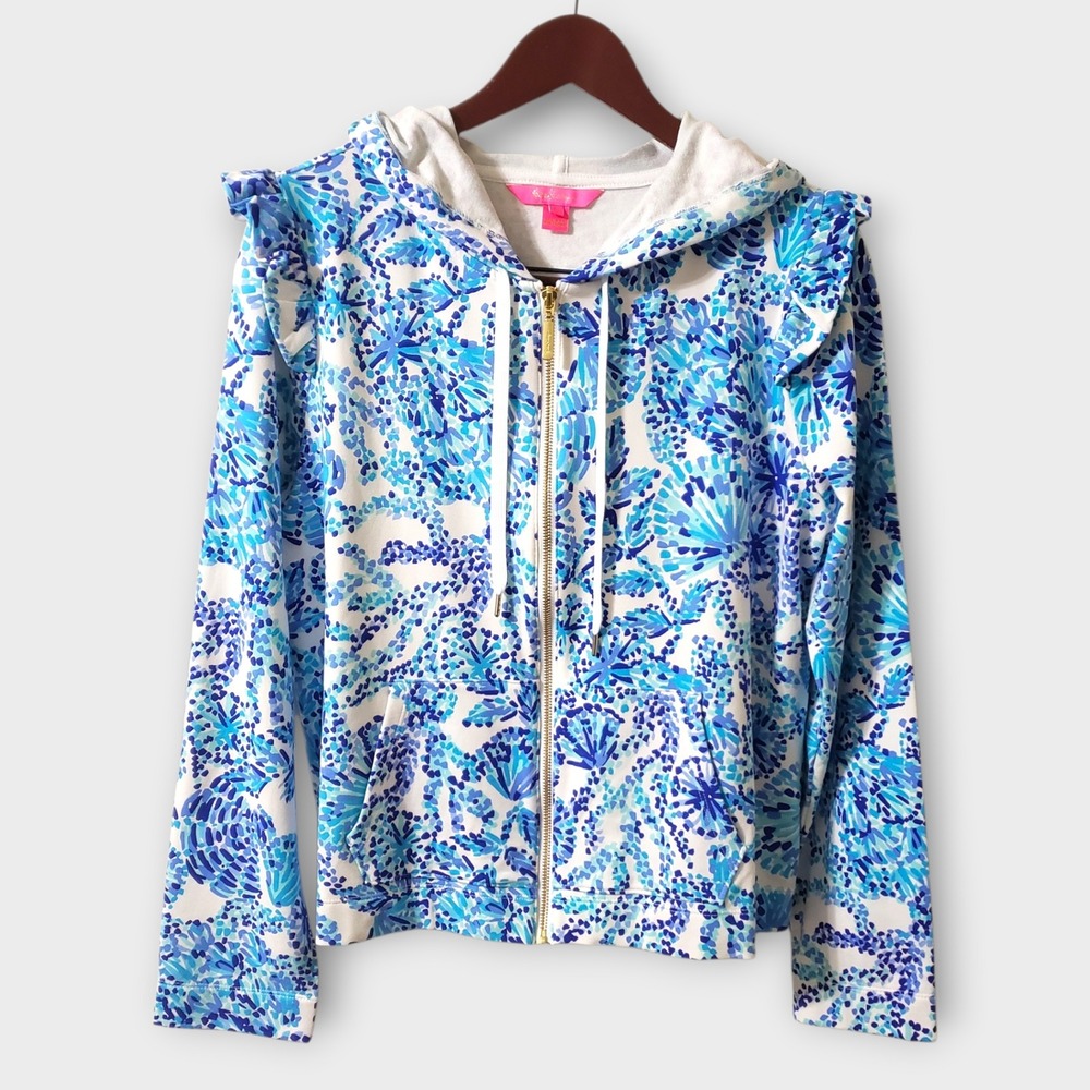 Lilly Pulitzer Audrey Full Zip Hoodie Turquoise Oasis Size L 006263 Ruffles Blue